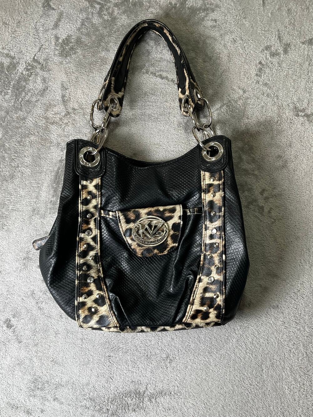 Kathy Van Zeeland Black Faux Snakeskin Leopard Studded Shoulder Tote Handbag